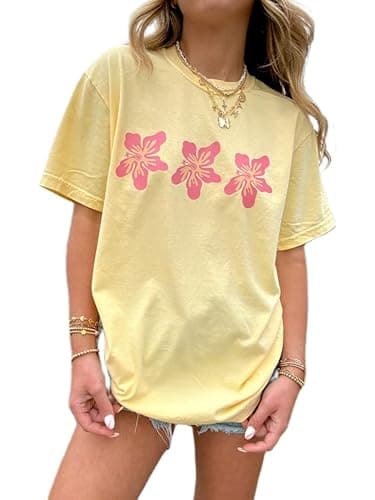 Oversized Graphic Shirt for Teens Girl Y2K Ocean Floral Short Sleeve Baggy Tee Shirts Vintage Aesthetic Coastal Tops - Yellow Flower - Medium