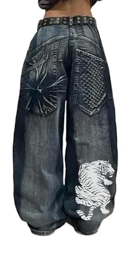 Unisex Y2K Hip Hop Street Jeans Tiger Print Gothic Baggy Jeans Vintage High Waist Denim Jeans Wide Leg Pants - Image 1