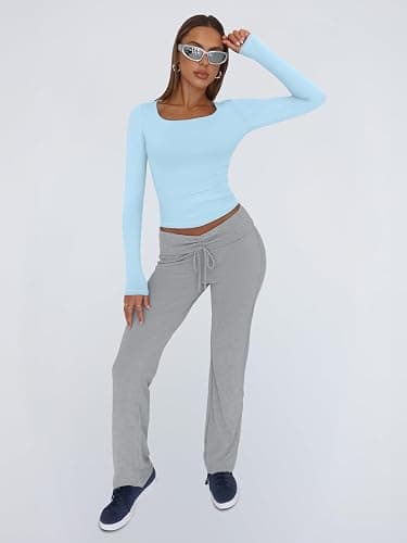 Trendy Queen Womens Long Sleeve Shirts Crop Tops Fall Fashion 2025 Square Neck Going Out Basics Tees Y2k Clothes thumbnail 6