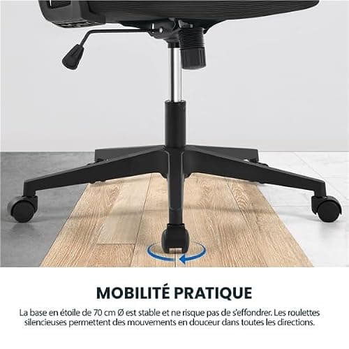 Yaheetech Chaise de Bureau en Maille avec à Haut Dossier avec Accoudoirs Relevables Appui-tête Support Lombaire Assise Réglable en Hauteur Charge Max 136kg Noir thumbnail 7
