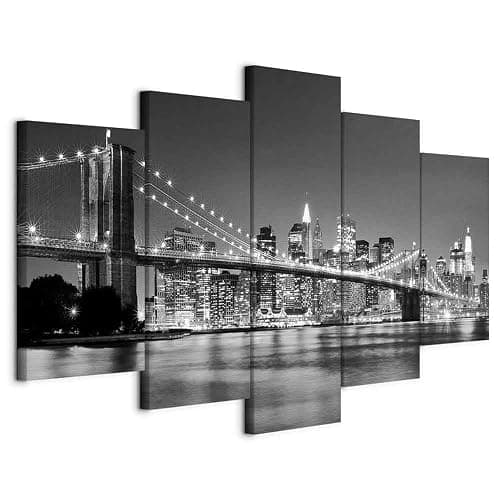 murando - Wandbilder XXL New York City 200x100 cm 5 tgl Wand Deko Leinwand Bilder Groß Wanddeko Wohnzimmer Bild Schlafzimmer Kunstdrucke - Skyline Brooklyn Bridge Stadt Nacht Manhattan Grau 030211-51 - Image 1