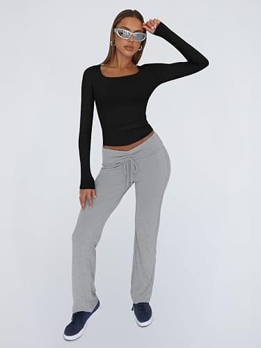 Trendy Queen Womens Long Sleeve Shirts Crop Tops Fall Fashion 2025 Square Neck Going Out Basics Tees Y2k Clothes thumbnail 6