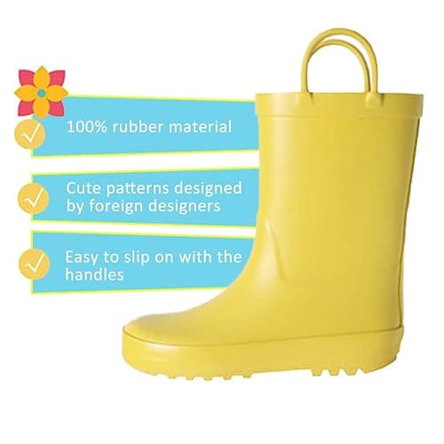  Kids Rain Boots - Toddler Waterproof Rubber Kids Rain Boots for Girls and Boys with Fun Patterns and Easy-On Handles - 7 Toddler - Yellow thumbnail 4