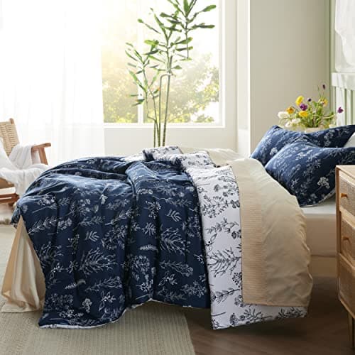 Bedsure Queen Comforter Set - Navy Bed Set, 3 Pieces Cute Floral Bedding, 1 Soft Reversible Botanical Flowers Comforter and 2 Pillow Shams thumbnail 4