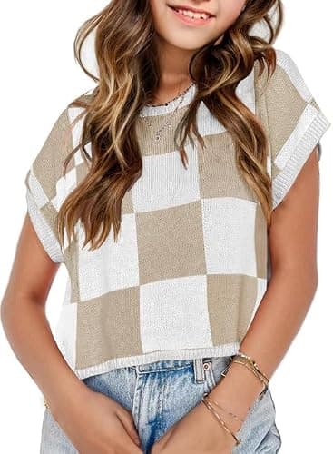 Girls Fall Crop Tops 2025 Cute Cap Sleeve Spring Summer Colorblock Loose Kids Knit Winter Sweaters Top - Image 1