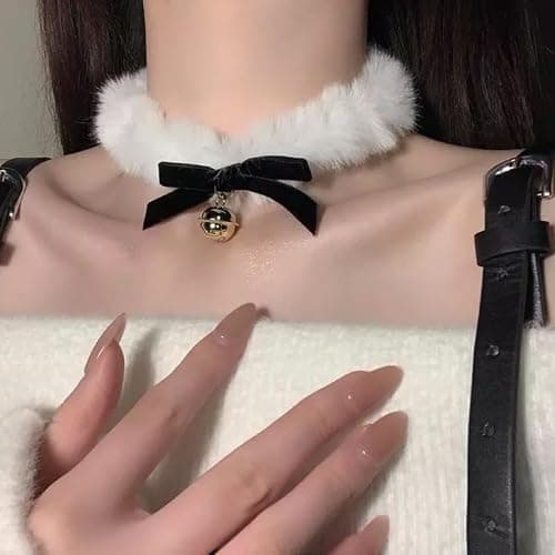 NFVITLP Red Bow Velvet Choker Necklace Sexy Faux Fur Collar Bowtie Long Wrap Rope Neck Chain with Gold Pendant Bell for Women thumbnail 2