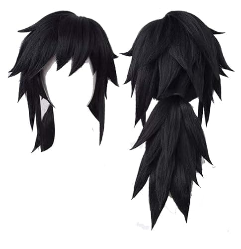 GZIRUE Giyu Giyuu Tomioka Wig Cosplay Black Fluffy Spiky Hair Costume Wig with Ponytail Wig Cap - Image 1
