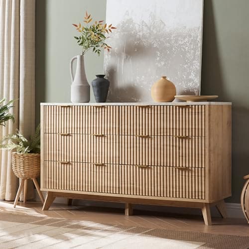 T4TREAM Fluted 6 Drawers Dresser, 54" Wide Modern Chest of Drawers with Faux Marble Top, Curved Profile Design, Dresser TV Stand, Wood Drawer Organizer for Bedroom, Living Room, Hallway, Natural Oak - Image 1