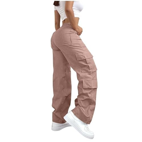 Cargo Pants for Women High Elastic Waisted Casual Baggy Wide Leg Hiking Pants Solid Color Streetwear with Pockets thumbnail 5