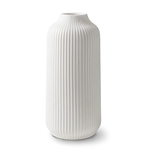 flature Keramik Vase mit Rillen - Dekovase Klein für Pampasgras als Boho Deko, kleine Blumenvase Weiß Matt 21cm hoch für Flowers, Wohnungsdeko für frische Blumen, Trockenblumen, Esstisch, Büro (Gr.M) - Image 1