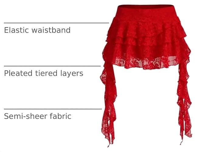 Women's Y2K Mini Skirt Ruffle Lace Mesh Asymmetrical Flowy Short Skort | Bulit-in shorts, layered pleated low rise design, boho/gothic/western style, for rave party/country concert thumbnail 4