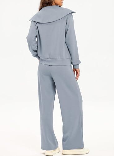 Aleumdr Two Piece Outfits Half Zip Sweatshirt Sweatsuit Lounge Sets for Women Matching Set Wide Leg Sweatpant Tracksuit thumbnail 3