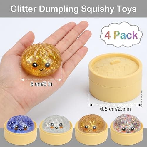 4 Pack Glitter Squishy Toys Dumpling Mystery Box Set — Slow Rising Kawaii Dumpling Stress Balls with Steamer Box, Cute Fidget Sensory Toys for Kids & Adults thumbnail 2