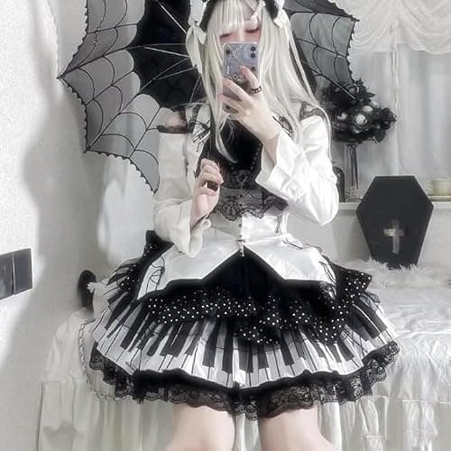 Mini Piano Skirt for Women Y2k Cute Trendy Harajuku Polka Dot Lace Lotus Skirts Vintage Black White Spliced Short Skirt thumbnail 5