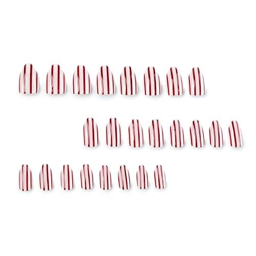 Cuteworld Short Almond Press on Nails - Stripe Pink & Red | Stripe Design, Glossy Full Cover Fake Nails 24Pcs for Women thumbnail 5