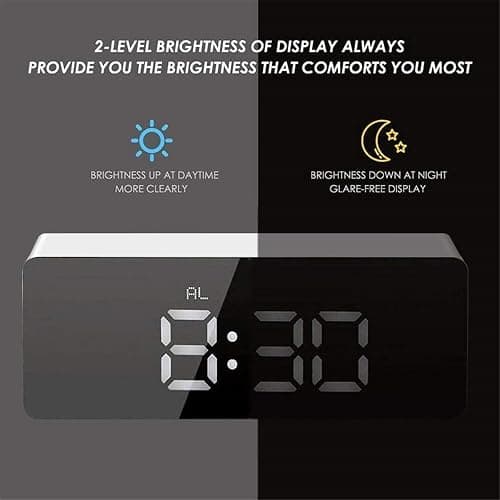 RMFC LED Digital Mirror Alarm Clock with Temperature & Date Calendar for Bedside, Bedroom, Office, Snooze, Adjustable Brightness, Voice Control Night Mode (White) thumbnail 5