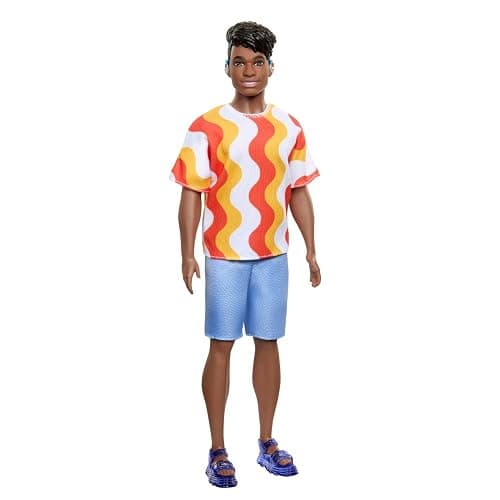 Barbie Fashionistas Ken Doll #220 with Behind-the-Ear Hearing Aids & Broad Body Wearing a Removable Orange Patterned Shirt, Shorts & Jelly Sandals thumbnail 6