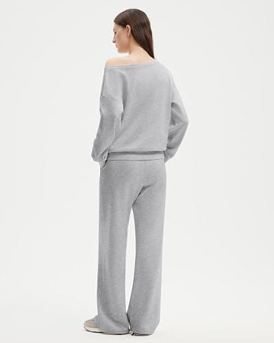 SUUKSESS Women 2 Piece Lounge Matching Set Off Shoulder Sweatshirt Wide Leg Sweatpant thumbnail 3