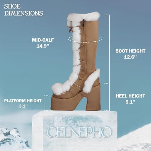 CELNEPHO Knee High Boots For Womens Side Zipper Warm Faux Fur Platform Chunky Heel Punk Goth Walking Winter Snow Boots thumbnail 4