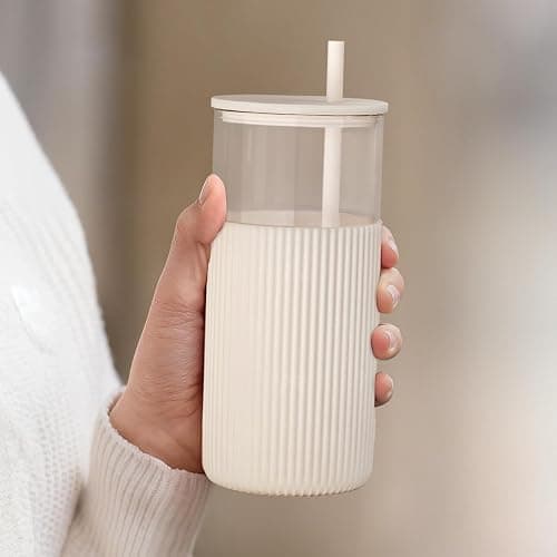 SANDJEST Glass Tumbler with Straw and Lid, Glass Water Bottle with Silicone Sleeve 20oz, Smoothie, Iced Coffee Cup, Gifts for Women Teen Girls Birthday Christmas (Cream) thumbnail 2