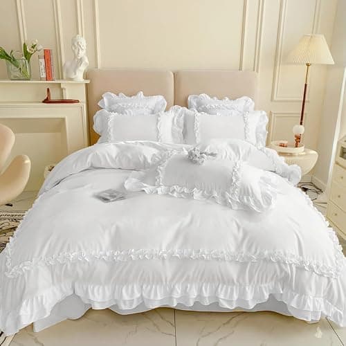 Girls Lace Bedding, Queen Comforter Cover Set, Chic Ruffled Duvet Cover with 2 Layers Ruffle,Princess Style 1 Duvet Cover with 2 Pillowcases, No Comforter-White,Queen Size - Image 1