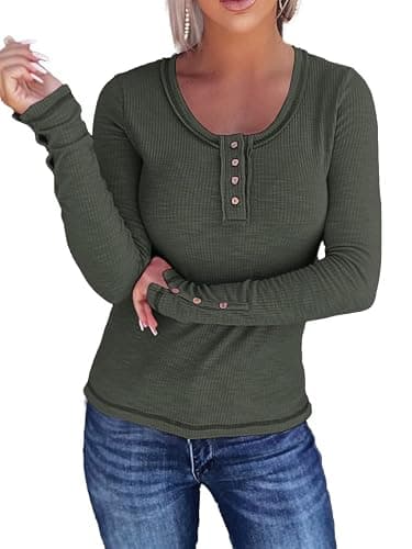 KINLONSAIR Women’s Long Sleeve Henley T Shirts Button Down Slim Fit Tops Scoop Neck Ribbed Knit Shirts thumbnail 4