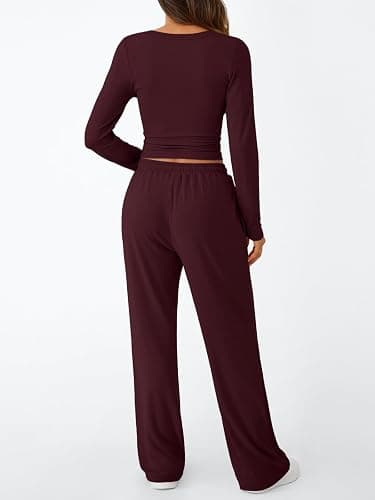 Trendy Queen Women's 2 Piece Matching Lounge Set Long Sleeve Slightly Crop Top Wide Leg Pants Casual Sweatsuit thumbnail 4