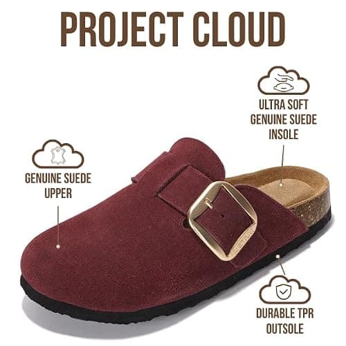 Project Cloud 100% Genuine Leather Clogs for Women Shoes - Memory Foam Insole, Non-Slip & Natural Cork Footbed Arch Support Big Buckle Womens Clogs and Mules Footwear (Manchester) thumbnail 3
