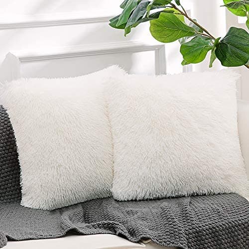 NordECO HOME Pack of 2 Faux Fur White Cushion Covers Luxury 45 x 45 Fluffy Decorative Fuzzy Square Throw Pillow Case 18 x 18 for Sofa Decor thumbnail 8