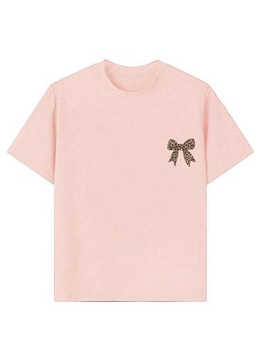 RoseSeek Girl's Bow Leopard Graphic Tees Short Sleeve Preppy Summer T Shirt Aesthetic Baggy Tops thumbnail 2