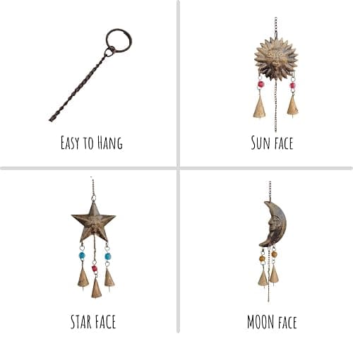 Mie Creations Sun Moon Star Face Wall Hanging Décor Chime Bells | Metal Cutouts Ornaments, Crescent Moon Phases Garland Art | Celestial, Earthy Decorations | Wicca Pagan Christmas Décor -Antique Gold thumbnail 7
