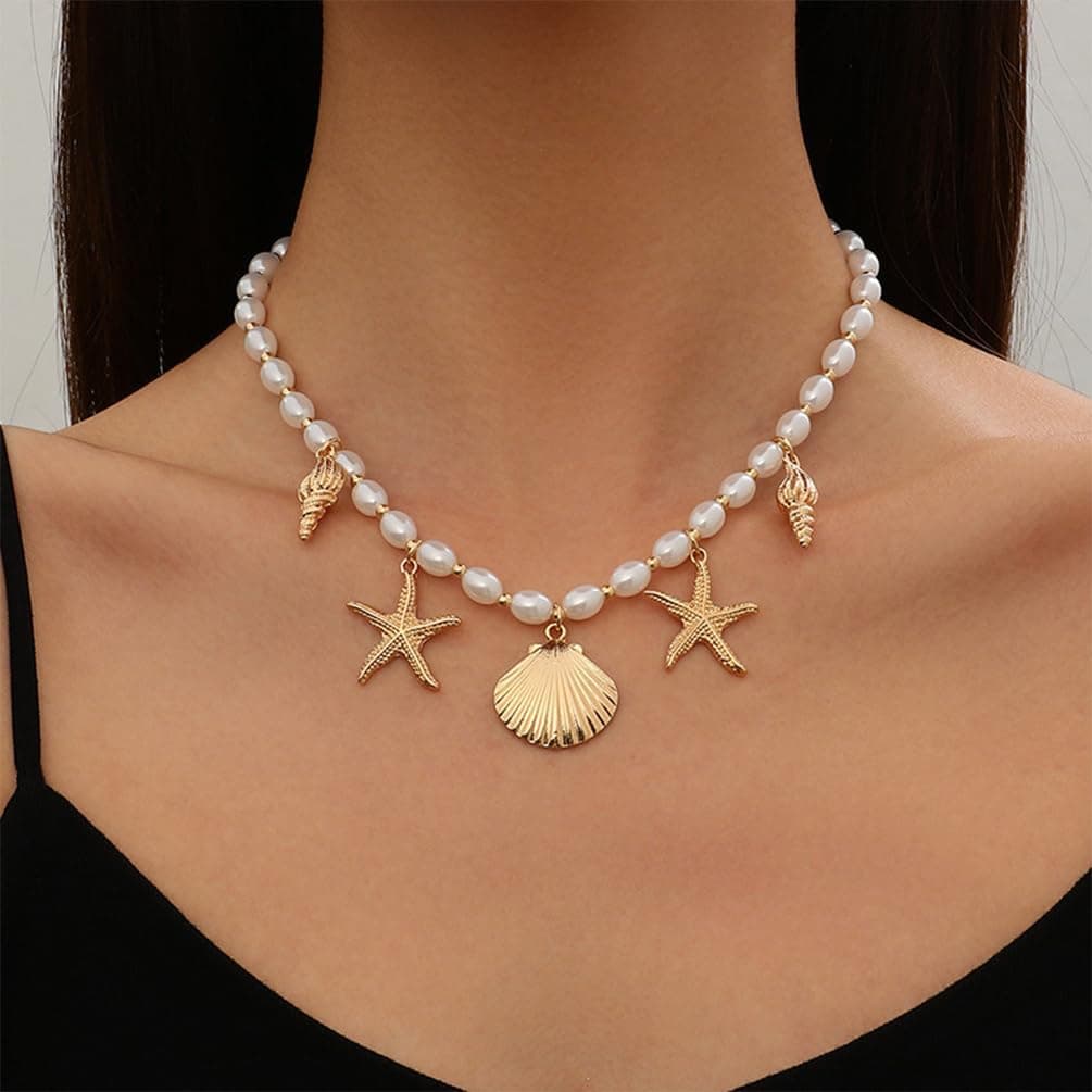 Dainty Gold Starfish Conch Oval Pearl Seashell Necklace for Women, Boho Statement Beaded Chain, Beach Holiday Party Jewellery thumbnail 4