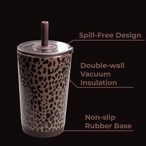 HydroJug Everyday Tumbler 14 oz – Ceramic-Lined Insulated Tumbler with Straw and Soft-Touch Lid, Cup Holder Friendly, Double-Wall Vacuum Insulation, Reusable Travel Cup – Brown Leopard thumbnail 4