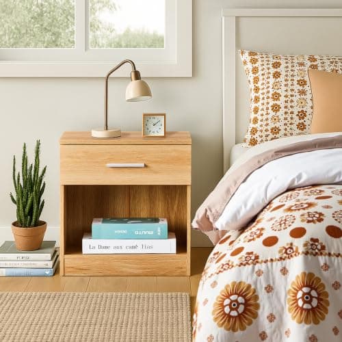 Karl home Bedside Table for Bedroom, Modern Natural End Table with 1 Drawer & Shelf, Wood Nightstand for Bedroom, End Table for Living Room near Sofa, Side Table, Metal Handle thumbnail 2