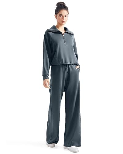 SUUKSESS Women 2 Piece Lounge Matching Set Wide Leg Sweatpant Half Zip Sweatshirt thumbnail 4