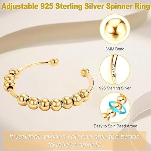 Bague Anti Stress Femme en Argent Sterling 925 Avec Perles Bague D'Anxiete Réglable Fidget Ring Bague Tournante Femme 925 Anxiété Fidget pour Femme Taille Réglable Bague Anti-Anxiété thumbnail 5