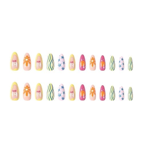 Colorful Press on Nails Short Medium Length Almond Fake Nails with Star Cherry Striped Design Cute Geometric Irregularity Acrylic Stick on Nails Summer Glossy Full Cover Glue on Nails for Women 24Pcs thumbnail 3