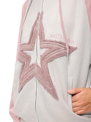 Aelfric Eden Suede Star Patchwork Full Zip Up Hoodie Oversized Graphic Hoodies Y2K Hooded Casual Sweatshirts Jackets thumbnail 2