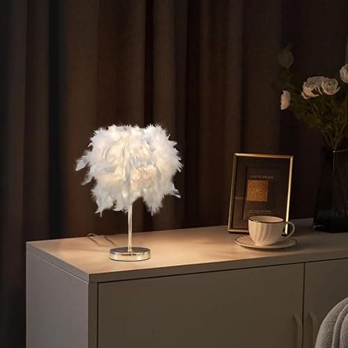 GUANSHAN Weiße Feder-Tischlampe, Nachttischlampe mit goldenem Sockel, Feder-Tischleuchte, Schreibtisch-Lampenschirm für Schlafzimmer, Heimdekoration, Fotografie-Requisiten thumbnail 4