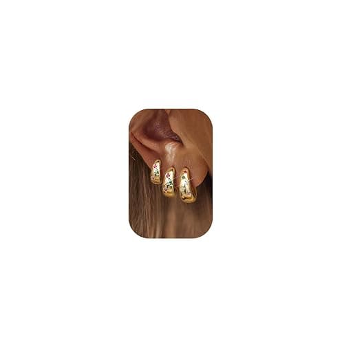 14K Gold Plated Hoop Earrings Set for Women - 3Pairs Chunky 14K Gold Plated Silver Huggie Earrings Small Earrings Lightweight Hypoallergenic MultiColored CZ Hoop Earrings Stacks for Multiple Piercing - Image 1
