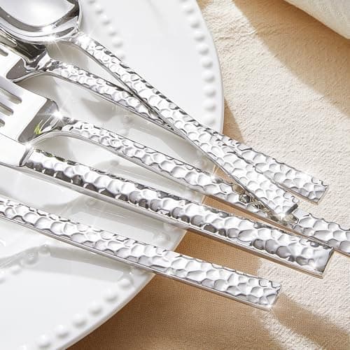 KINGSTONE 65 Piece Hammered Silverware Set with Serving Utensils, 18/10 Stainless Steel Flatware Set for 8, Cutlery Set for Home, Party, Wedding, Mirror Polished Dishwasher Safe thumbnail 5