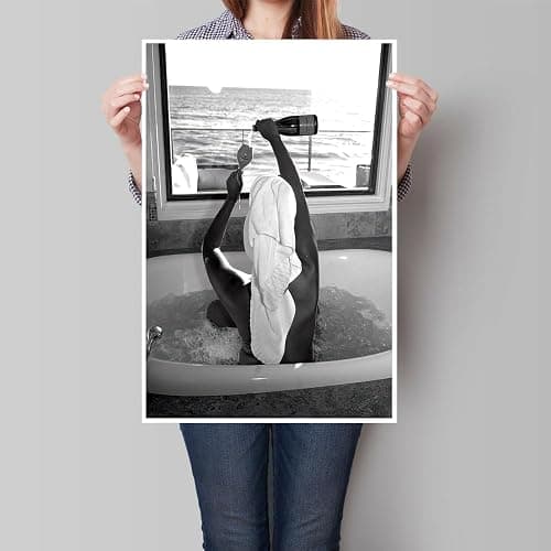 Trendy Black and White Posters Funny Woman Drinking Wine in Bathtub Wall Art Funky Girl Room Decor Fashion Vintage Bar Cart Canvas Prints for Girls Dorm Bathroom Apartment Aesthetic 12x16in Unframed thumbnail 3