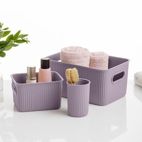 Decorative Plastic Basket Lidded Home Storage Bins Organizer, Medium Lilac Purple (1 Pack - 5 Liter) Stackable Container Box, for Organizing Closet Storage Bins for Shelves - Ribbed Collection thumbnail 4