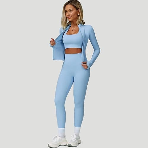Women’s 3 Piece Workout Set – Sports Bra, Leggings & Jacket with Thumbholes – Yoga Outfit Activewear for Gym Running Training thumbnail 4