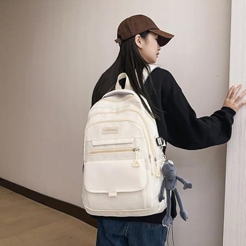 Cute Aesthetic Girls Backpack for School Large Capacity Bookbags College Backpack for Students Kids Teen Girls Laptop Bookbag Casual Travel Daypacks(White) - White thumbnail 4