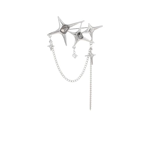 Punk Silver Star Moon Tassel Chain Brooch Collar Pins,Vintage Safety Cubic Zirconia Crystal Chain Tassel Brooch,Brooch Pins Shawl Clips for Women Girls - Image 1
