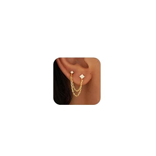 Frodete Double Piercing Earrings Gold Chain for Women Elegant Double Hoop Jewelry Set for Two Holes Everyday Wear Double-Piercing Chains Earring Set thumbnail 2