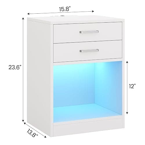 ADORNEVE LED Nightstands Set of 2,Night Stands for Bedrooms Set of 2,Nightstand with Charging Station and LED Lights,White Bedside Table with Power Outlets & Drawers,Modern End Side Table - White thumbnail 2