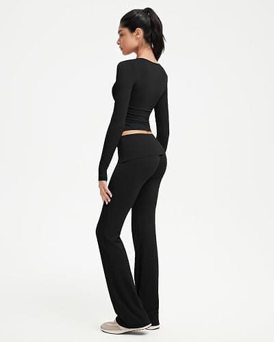 SUUKSESS Women 2 pieces Lounge Sets Long Sleeve V Neck Tops Fold Over Flare Leggings thumbnail 2