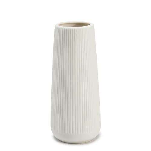 Ceramic Vase for Flower, Pampas Grass Vase, 7.8''H Ribbed Decor Vase, White | Nordic Minimalist Flower Vase, White Modern Home Office Decor Vases, For Living Room, Dining Table, Bedroom, Kitchen Shelf - Image 1